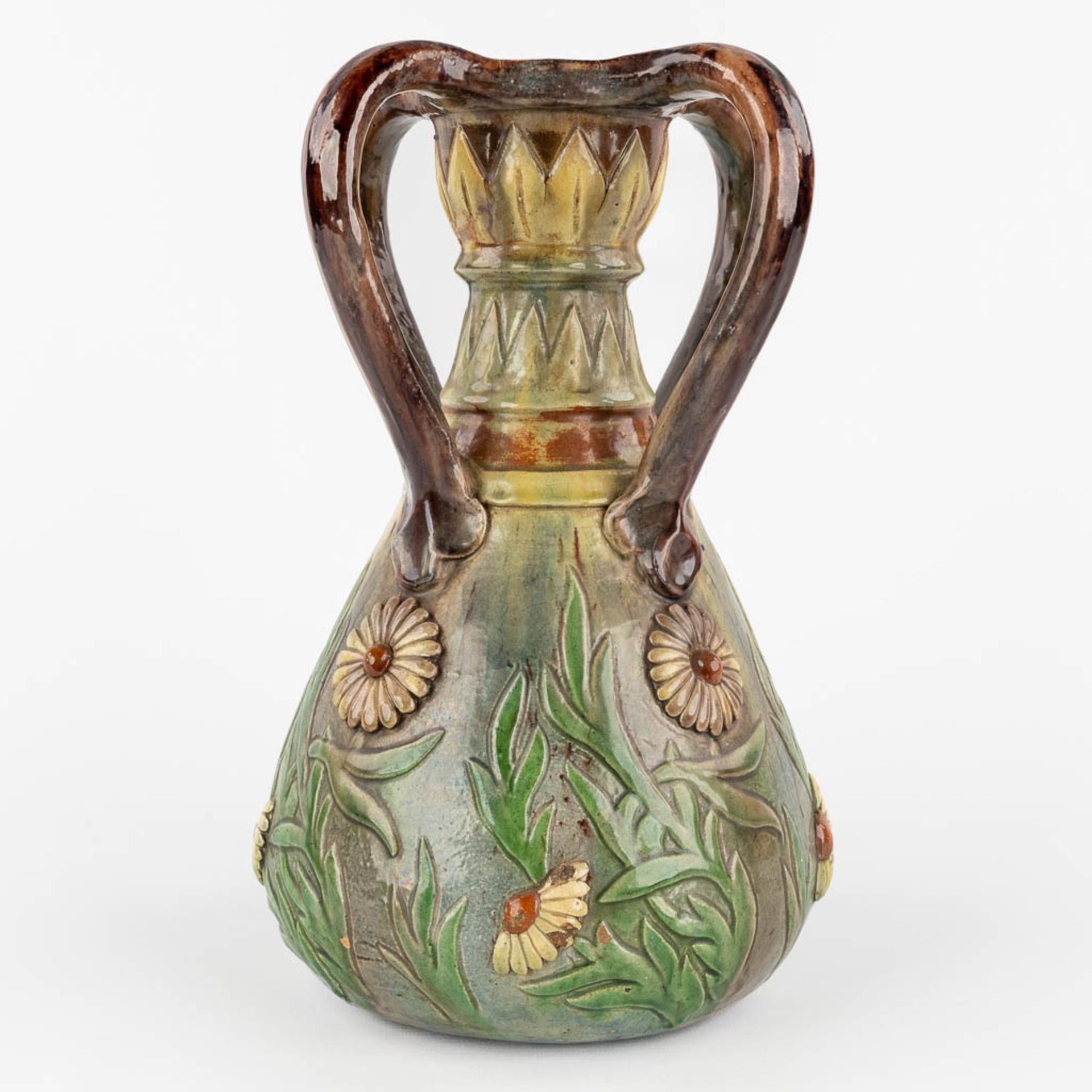 Léo MAES-VEREENOOGHE (XIX-XX) A vase, Flemish Earthenware with a flower decor. (H:33 x D:22 cm) - Image 5 of 11