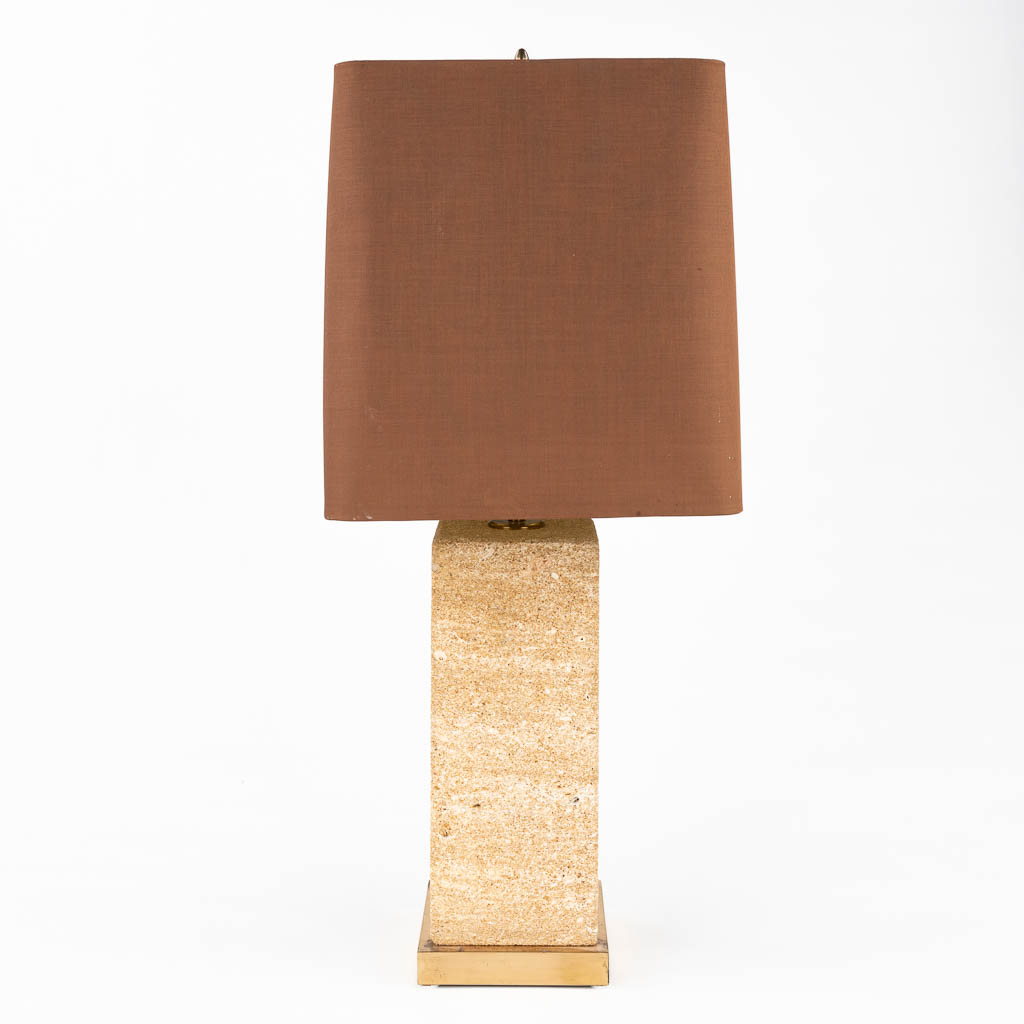 A travertine table lamp, in the style of Camille Breesche. (D:36 x W:36 x H:86 cm)