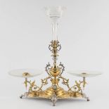 A table centerpiece, gilt and silver plated metal, glass trays and a crystal trumpet vase. Circa 190