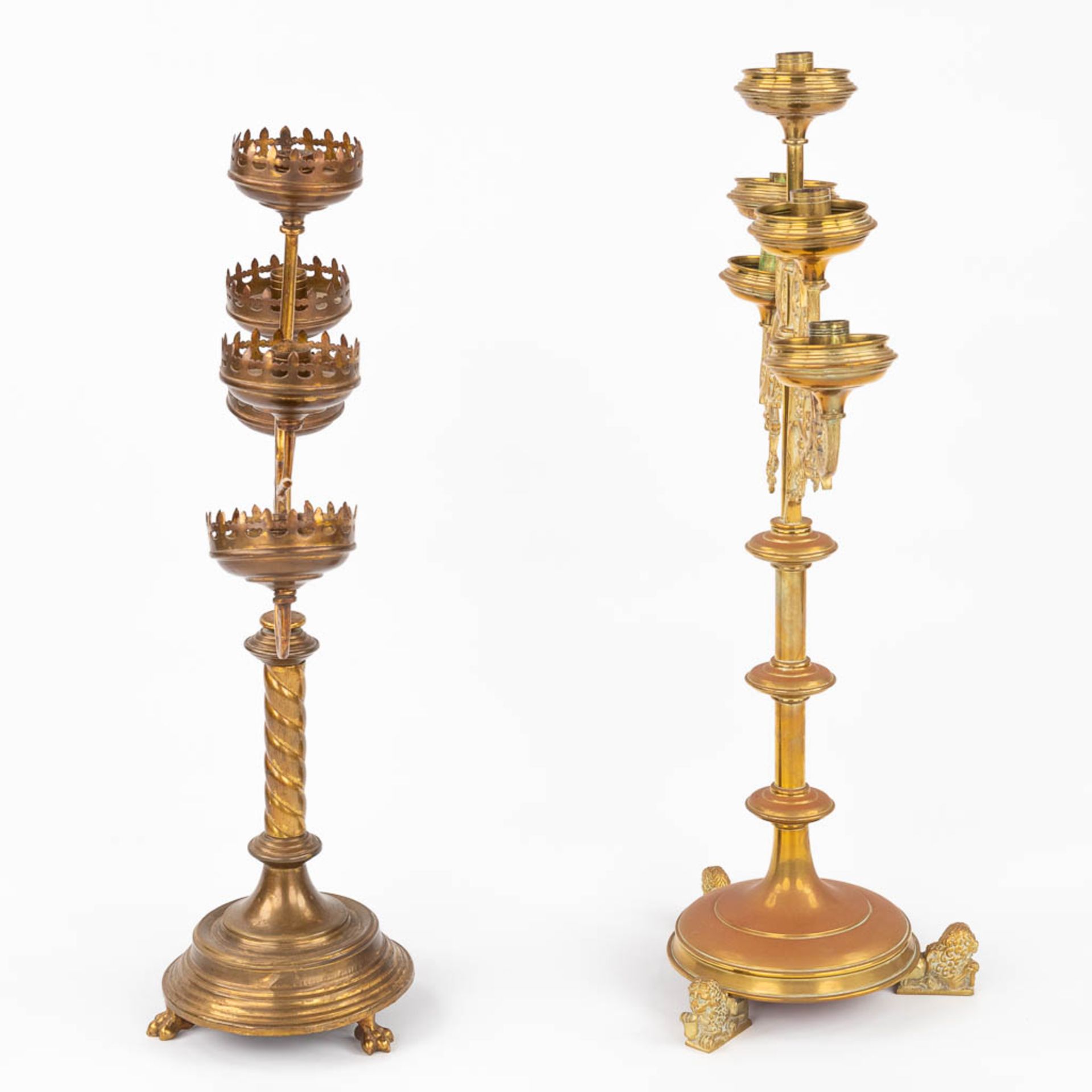 Four Church candlesticks, bronze in a gothic revival style. A pair and two singles. (D:18 x W:51 x H - Image 10 of 18