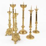 Three pairs of church candlesticks, brass and bronze in gothic revival style. 20th C. (H:67 x D:19 c
