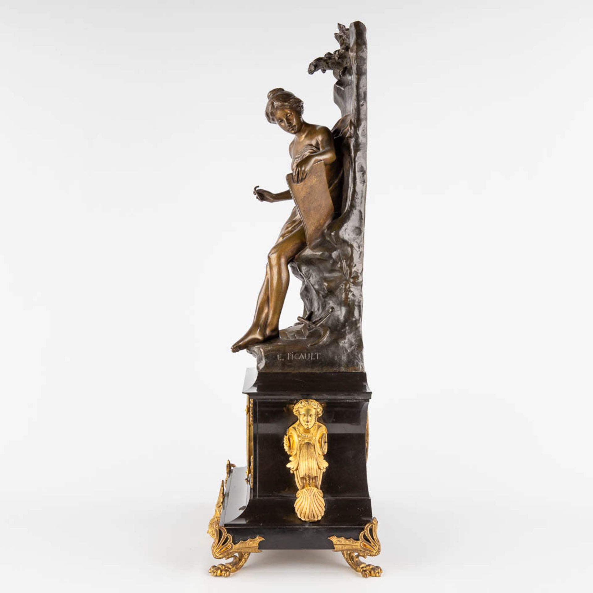 Emile PICAULT (1833-1915) 'La Mutualité', a mantle clock with patinated bronze figurine. 19th C. (D: - Image 4 of 18