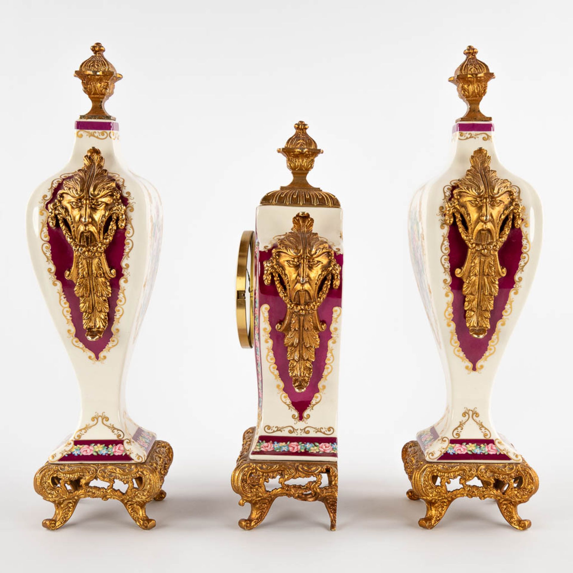 A three-piece mantle garniture clock and side pieces, porcelain mounted with bronze and floral decor - Image 6 of 14