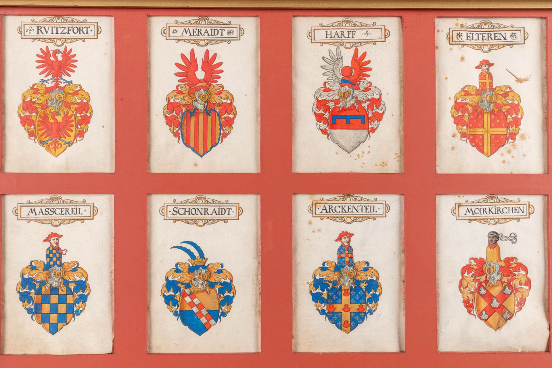 A frame with 24 hand-painted family crests and coat of arms , oil on paper. (W:98 x H:83 cm) - Image 4 of 9