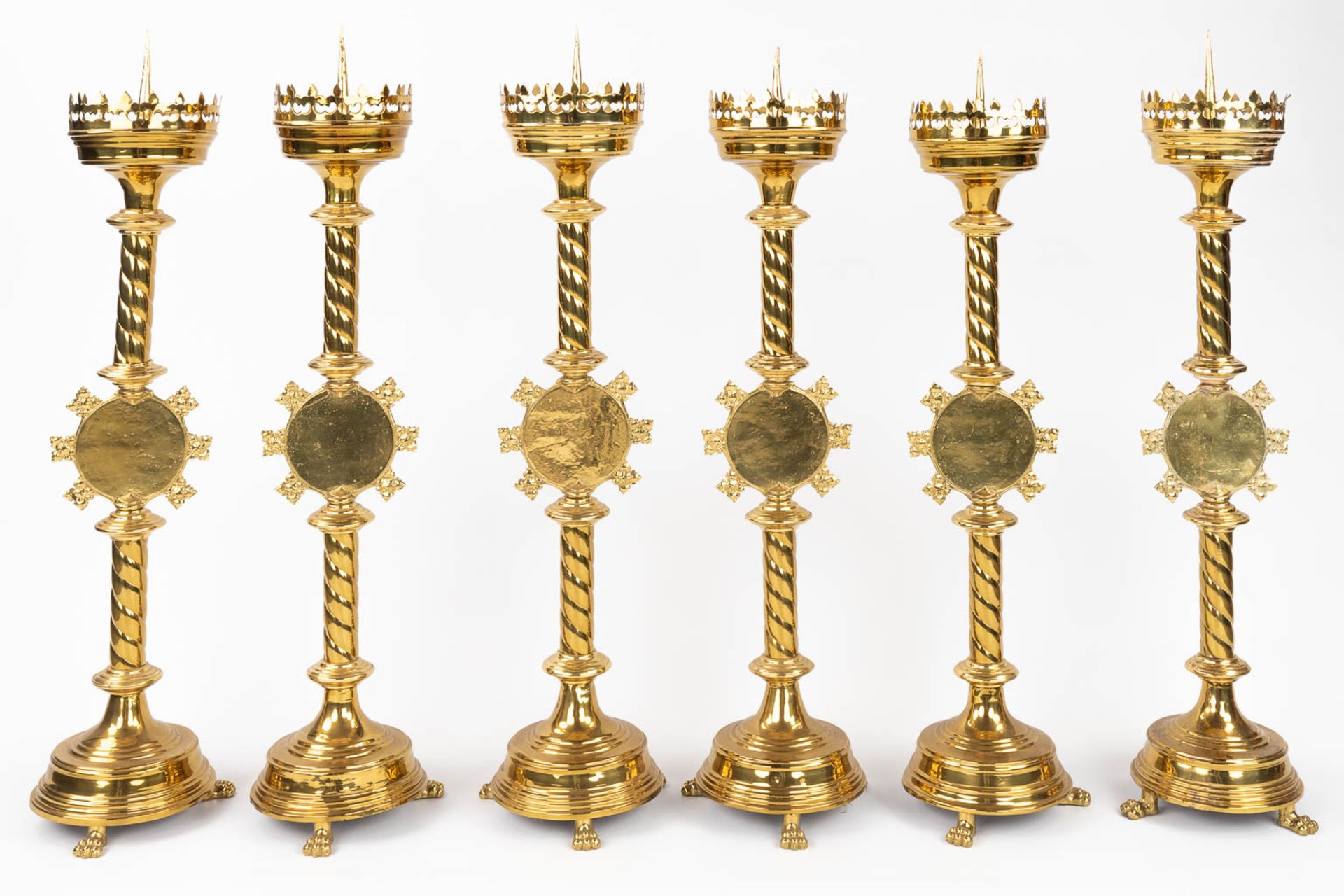 A set of 6 Church candlesticks with red IHS logo. (H:80 x D:20 cm) - Image 5 of 11