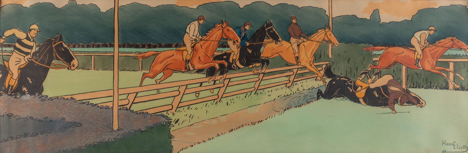 Harry ELIOTT (1882-1959) 'Jockey Race' watercolour on paper. 1902. (W:100 x H:33 cm)