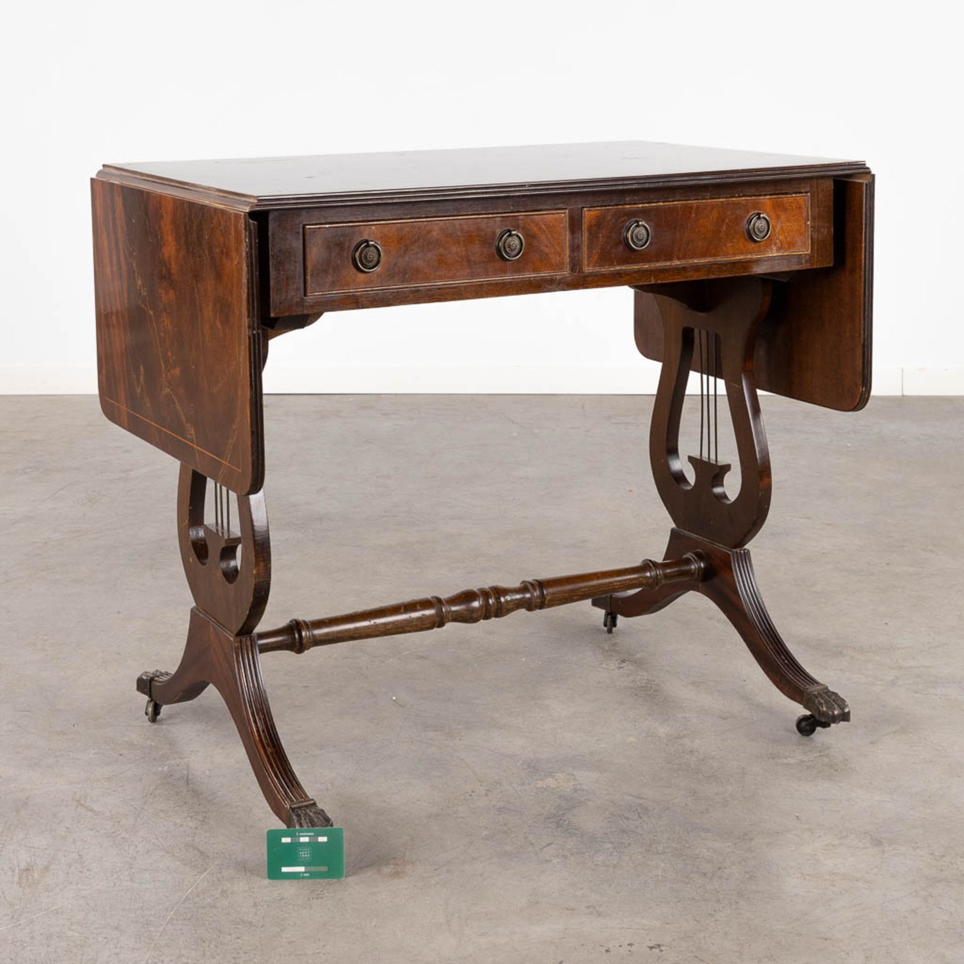 An English drop-leaf desk, decorated with a lire. 20th C. (D:51 x W:150 x H:75 cm) - Image 2 of 15