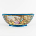 A large bowl, blue glaze with hand-painted decor, probably Limoges. (D:24 x W:39 x H:14 cm)