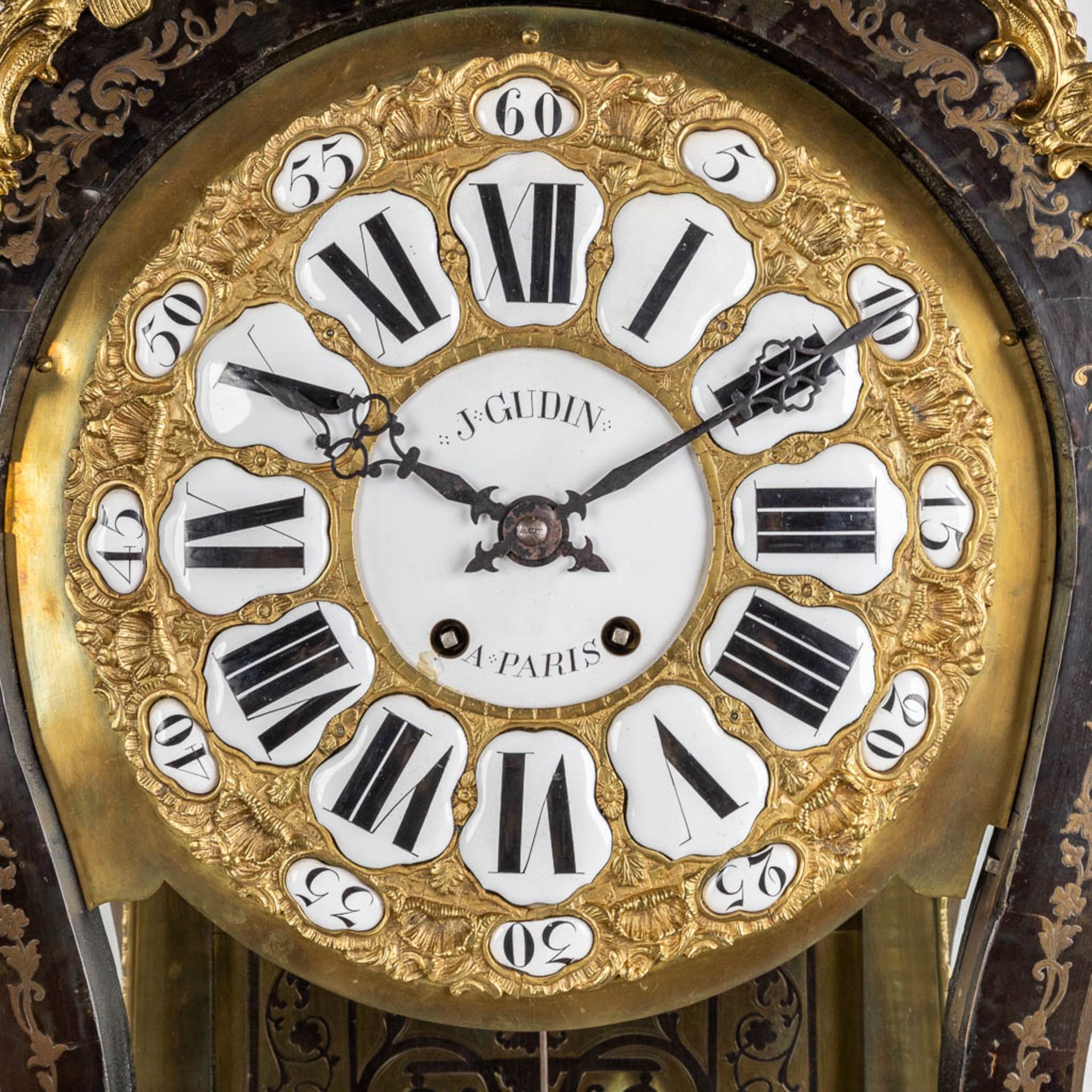 A large Cartel clock on a pedestal, Boulle Inlay, signed Gudin à Paris. 19th C. (D:24 x W:56 x H:145 - Image 8 of 16