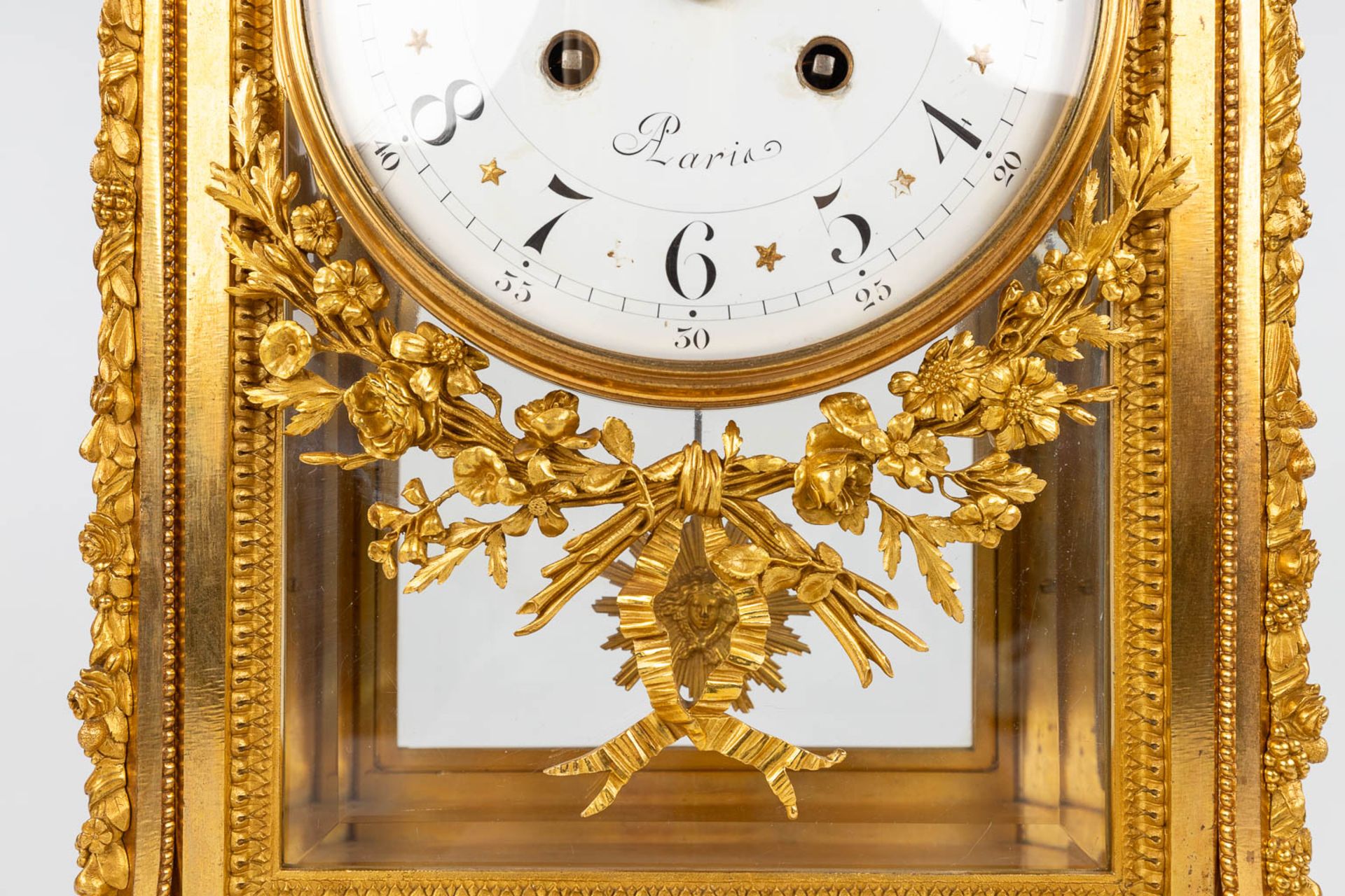 An imposing three-piece mantle garniture clock and candelabra, gilt bronze in Louis XVI style. Maiso - Image 6 of 38