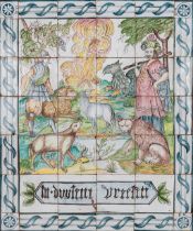 J. Aalmins, Rotterdam, An antique tile painting, polychrome tiles decor of animals and figurines. 19