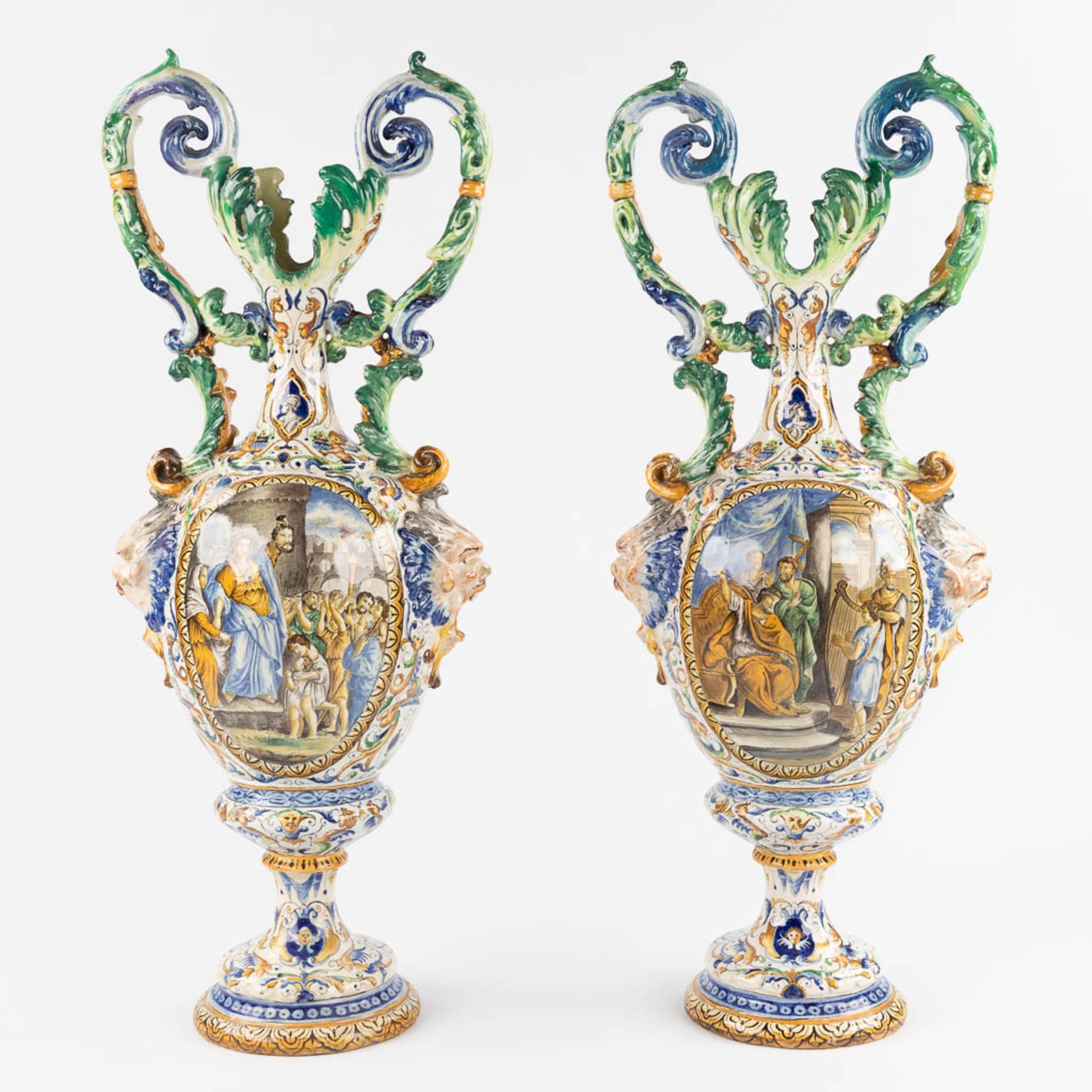 A pair of large vases, Italian Renaissance style, glazed faience. 20th C. (D:45 x W:45 x H:205 cm) - Image 3 of 31
