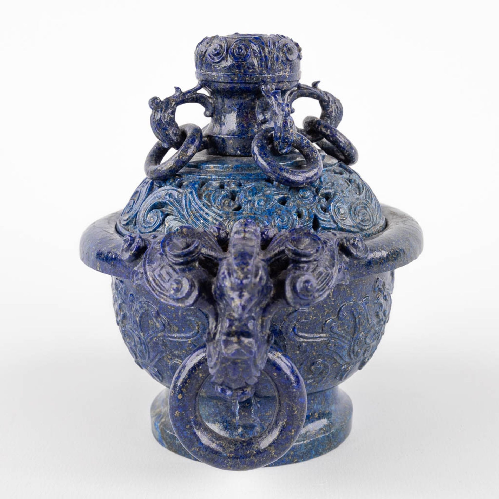 A Chinese censer, sculptured Lapis Lazuli, decorated with birds and flowers. (D:11 x W:17 x H:14 cm) - Image 6 of 11