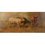 Paul SCHOUTEN (1860-1922) 'Three cows in a field' oil on canvas. (W:75 x H:36 cm)