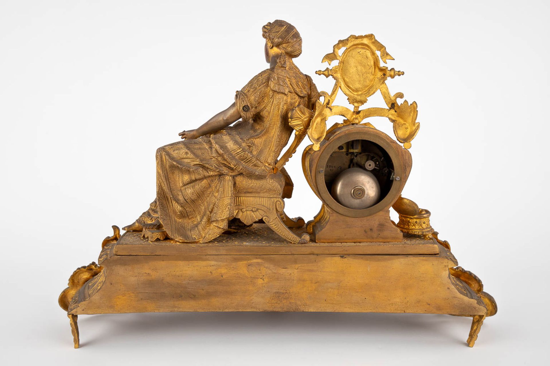 A mantle garniture clock, gilt bronze decorated with a Lady in a sofa. Late 19th C. (D:18 x W:56 x H - Image 5 of 14