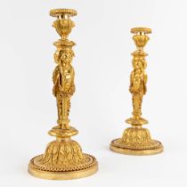 A pair of candlesticks/candleholders with Caryatids, gilt bronze in Louis XVI style. (H:33 x D:15 cm