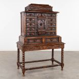 An antique cabinet with drawers and wood sculptures, oak, 19th C. (D:53 x W:100 x H:150 cm)