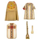 A fine Cope, Dalmatic and Roman Chasuble, Stola and Maniple, Thick gold thread embroideries with flo