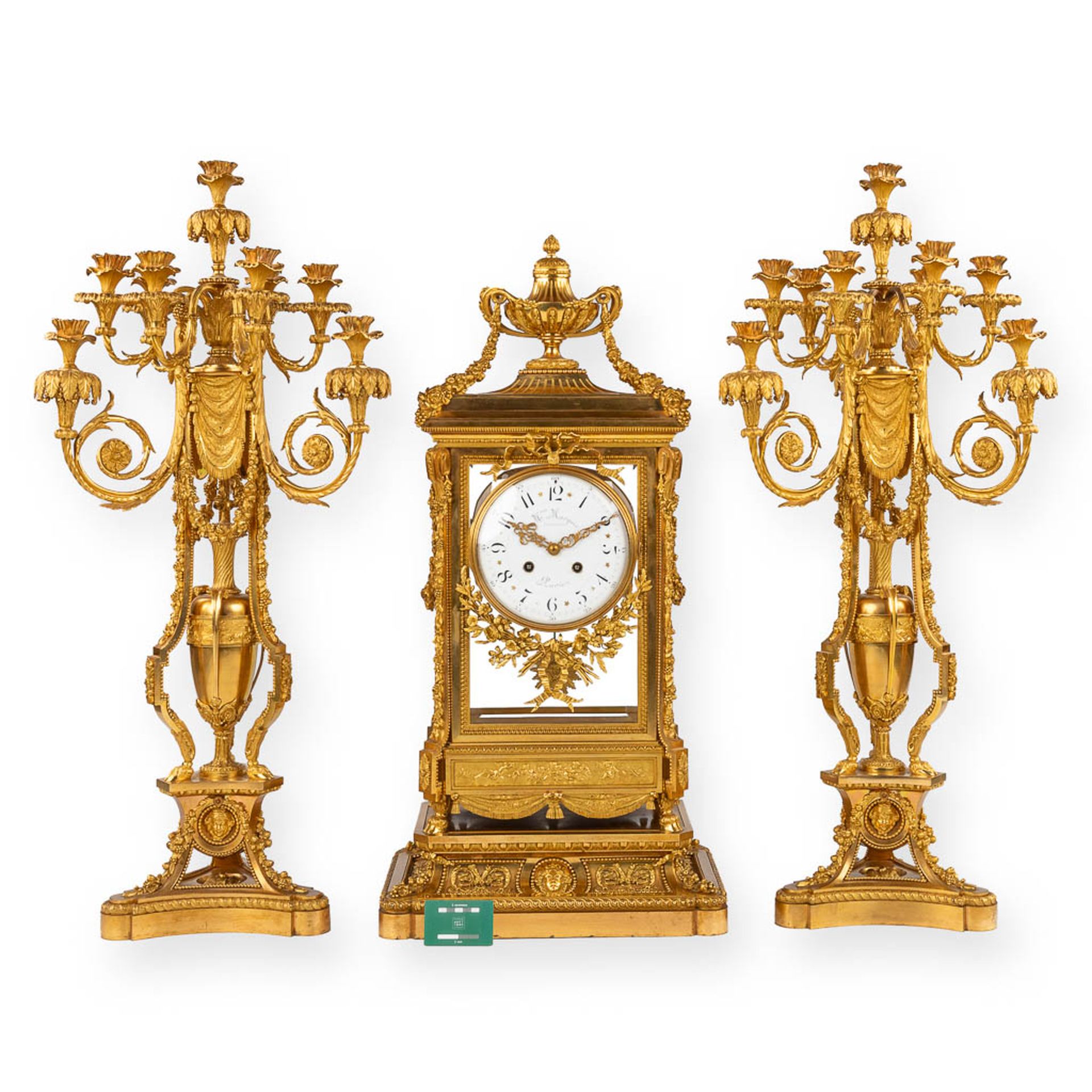 An imposing three-piece mantle garniture clock and candelabra, gilt bronze in Louis XVI style. Maiso - Image 2 of 38
