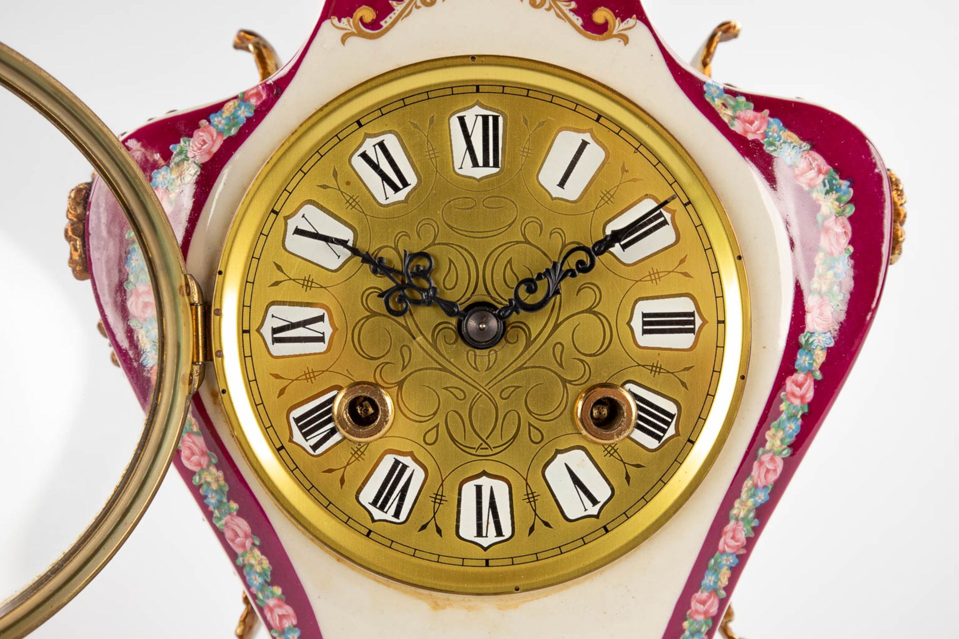 A three-piece mantle garniture clock and side pieces, porcelain mounted with bronze and floral decor - Image 13 of 14