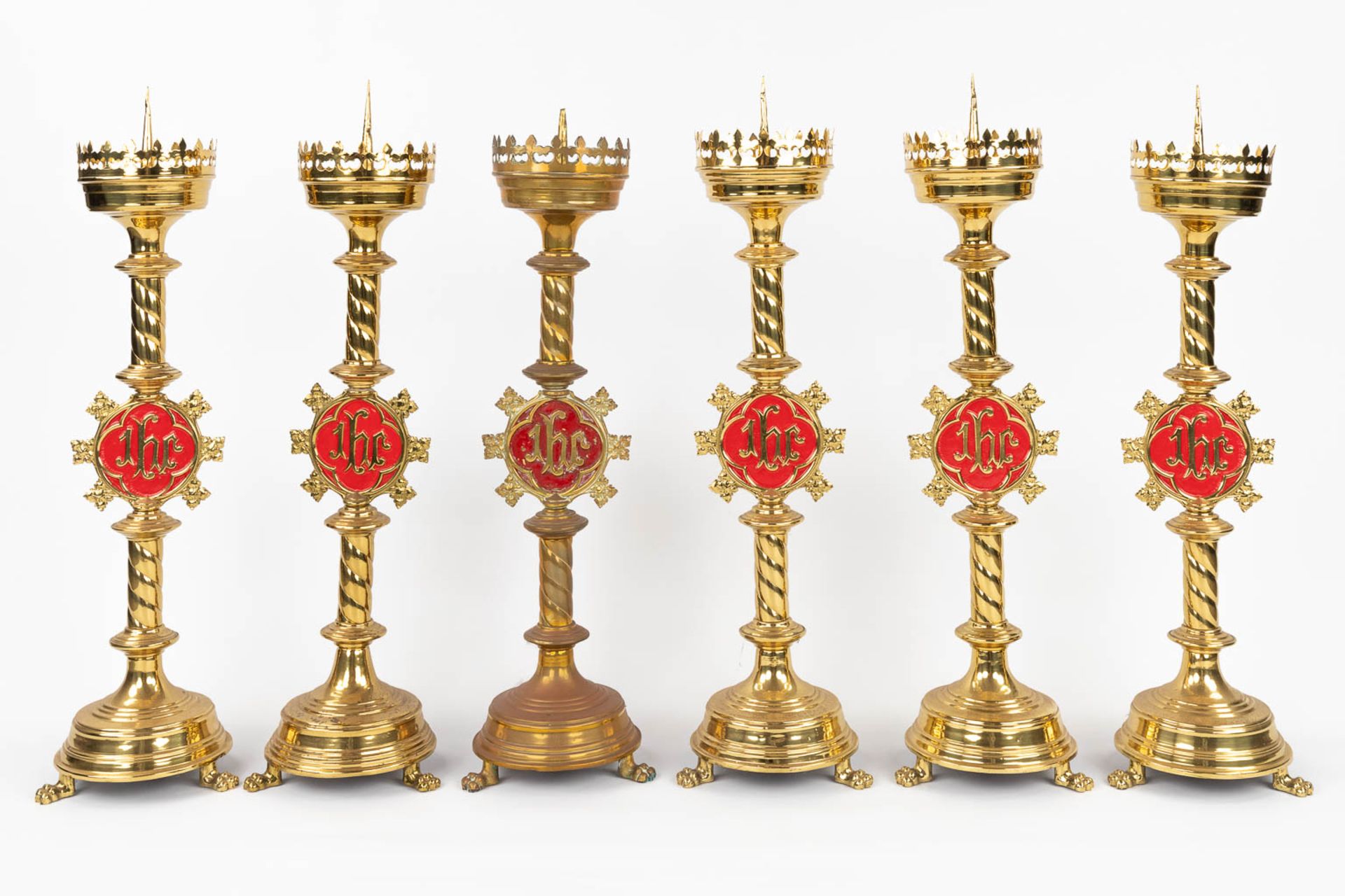 A set of 6 Church candlesticks with red IHS logo. (H:72 x D:20 cm) - Image 3 of 13