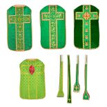 Four Roman Chasubles, Four Stola. Green fabric with embroideries.