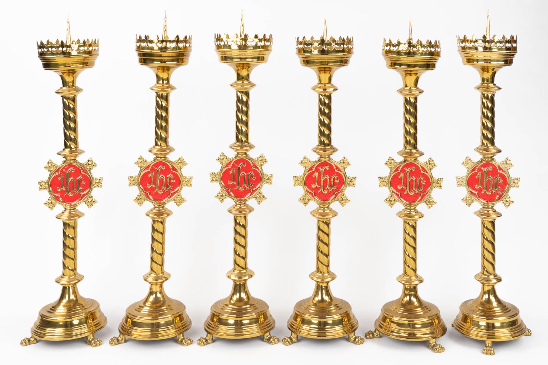A set of 6 Church candlesticks with red IHS logo. (H:80 x D:20 cm) - Image 3 of 11