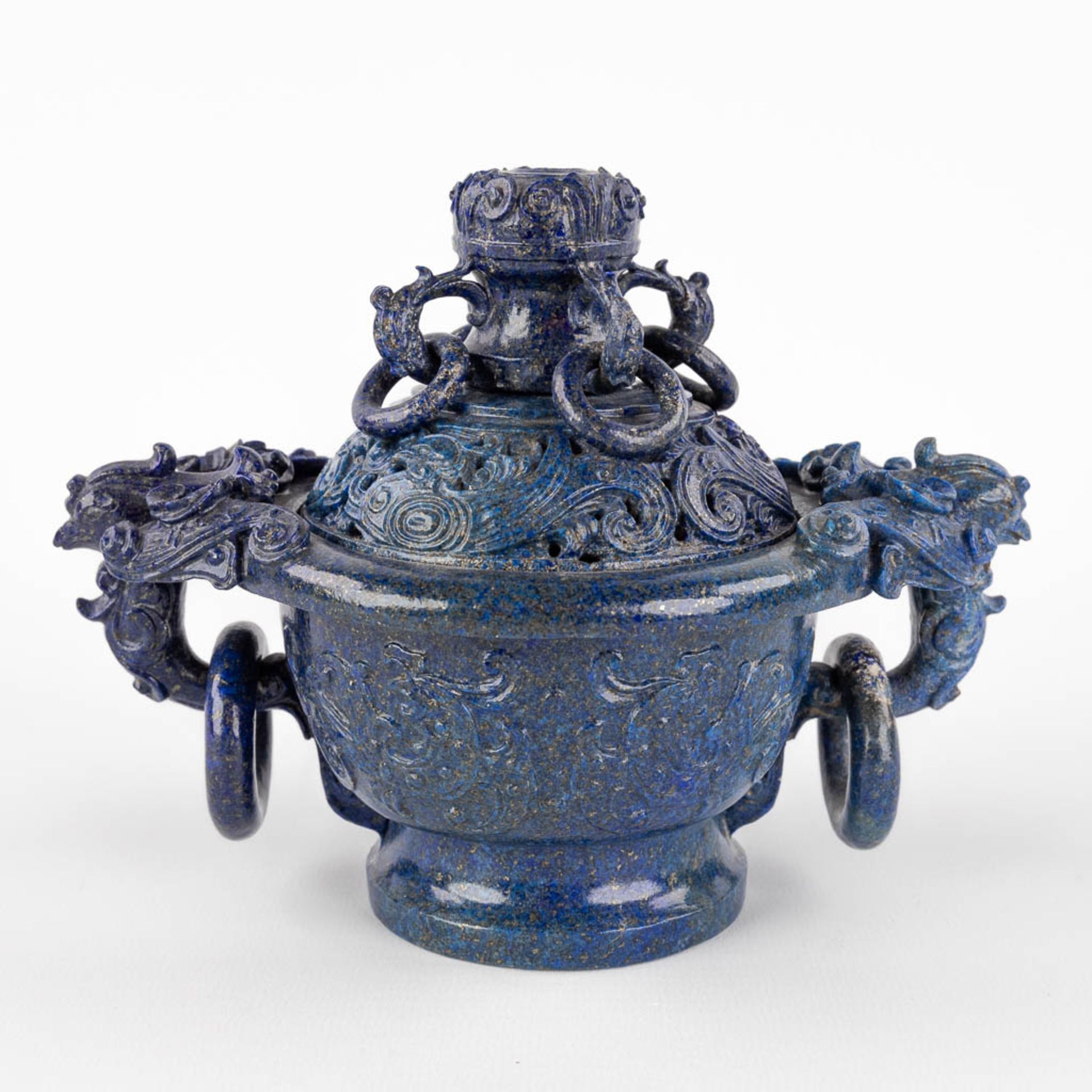 A Chinese censer, sculptured Lapis Lazuli, decorated with birds and flowers. (D:11 x W:17 x H:14 cm) - Image 5 of 11