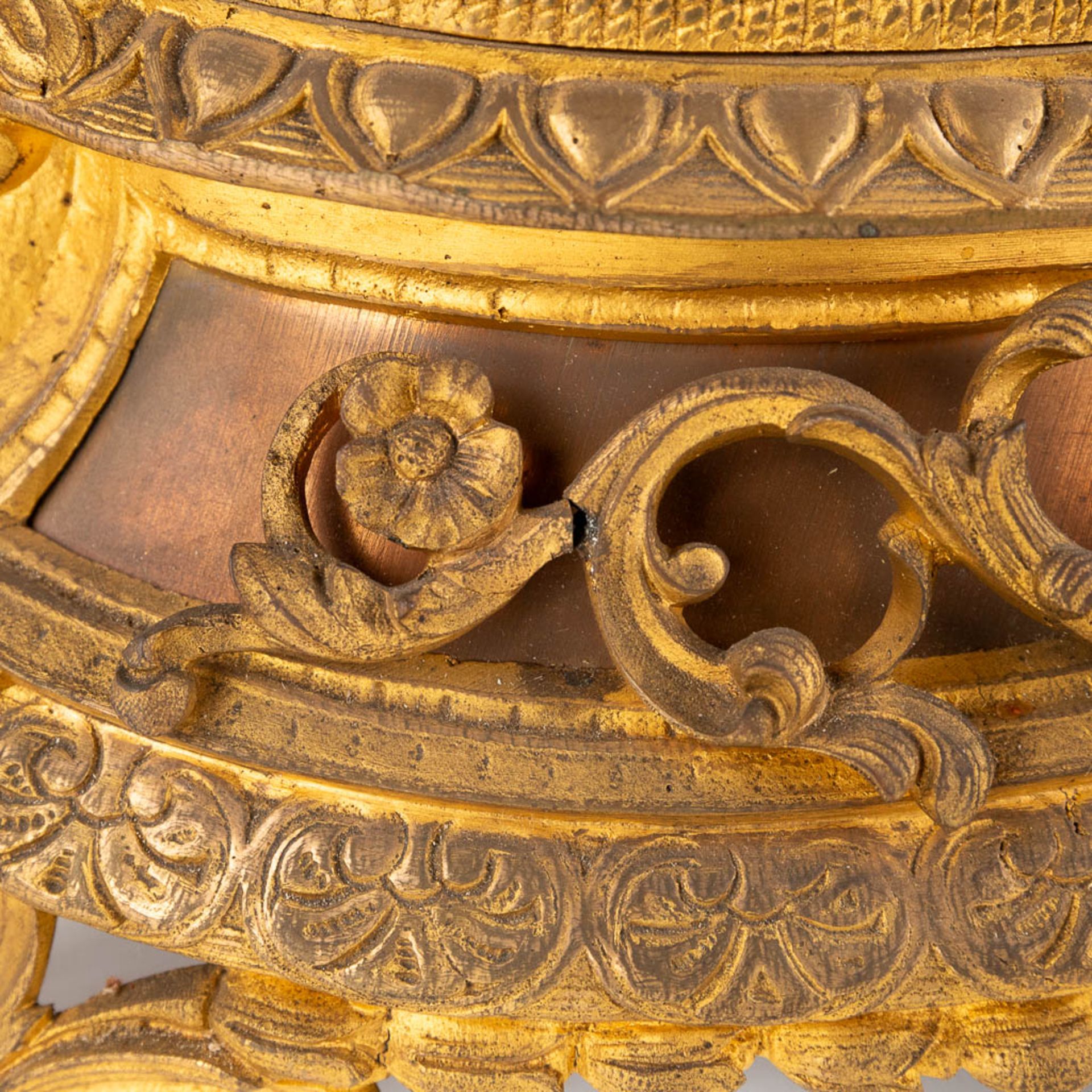 A mantle garniture clock, gilt bronze decorated with a Lady in a sofa. Late 19th C. (D:18 x W:56 x H - Image 13 of 14