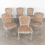 A set of 6 armchairs, sculptured and nicely patinated wood, caning. (D:60 x W:57 x H:90 cm)