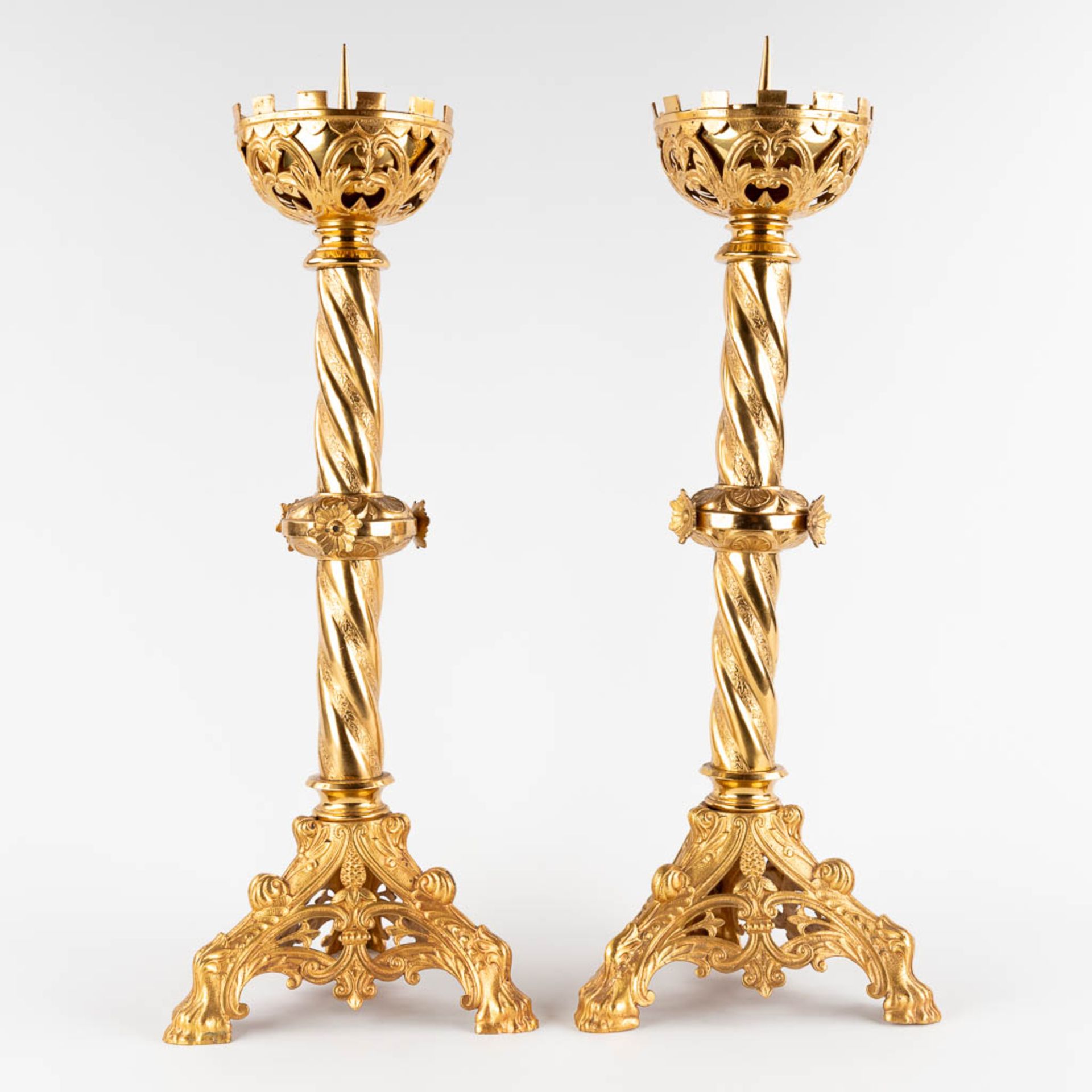 A pair of church candlesticks, gilt metal. (H:70 x D:24 cm) - Image 6 of 15