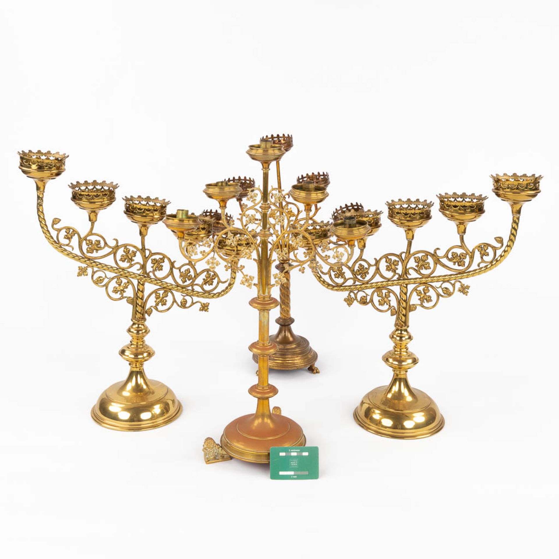 Four Church candlesticks, bronze in a gothic revival style. A pair and two singles. (D:18 x W:51 x H - Image 2 of 18