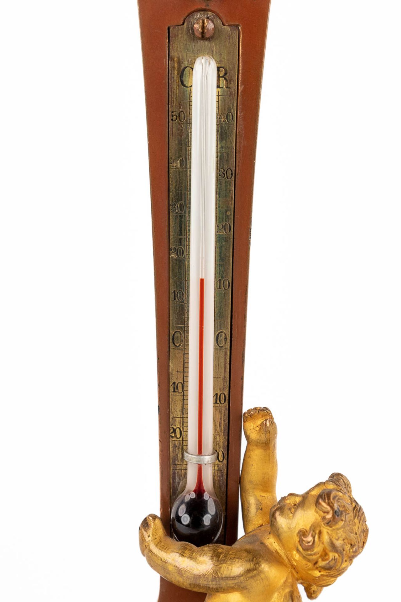 An antique thermometer, patinated bronze, decorated with a Satyr figurine and a putto. 19th C. (D:8 - Image 9 of 10