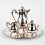 Christofle, A silver-plated four piece coffee pot, milk jug, sugar pot and serving tray. (D:39 cm)