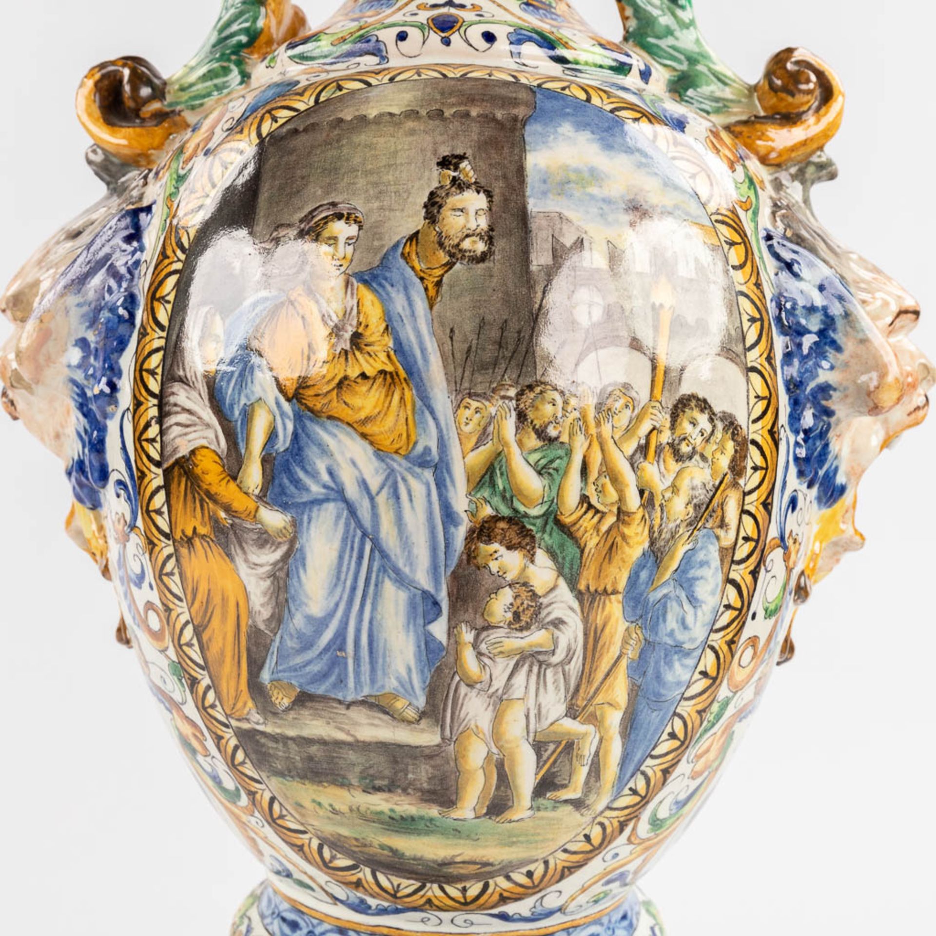 A pair of large vases, Italian Renaissance style, glazed faience. 20th C. (D:45 x W:45 x H:205 cm) - Image 20 of 31