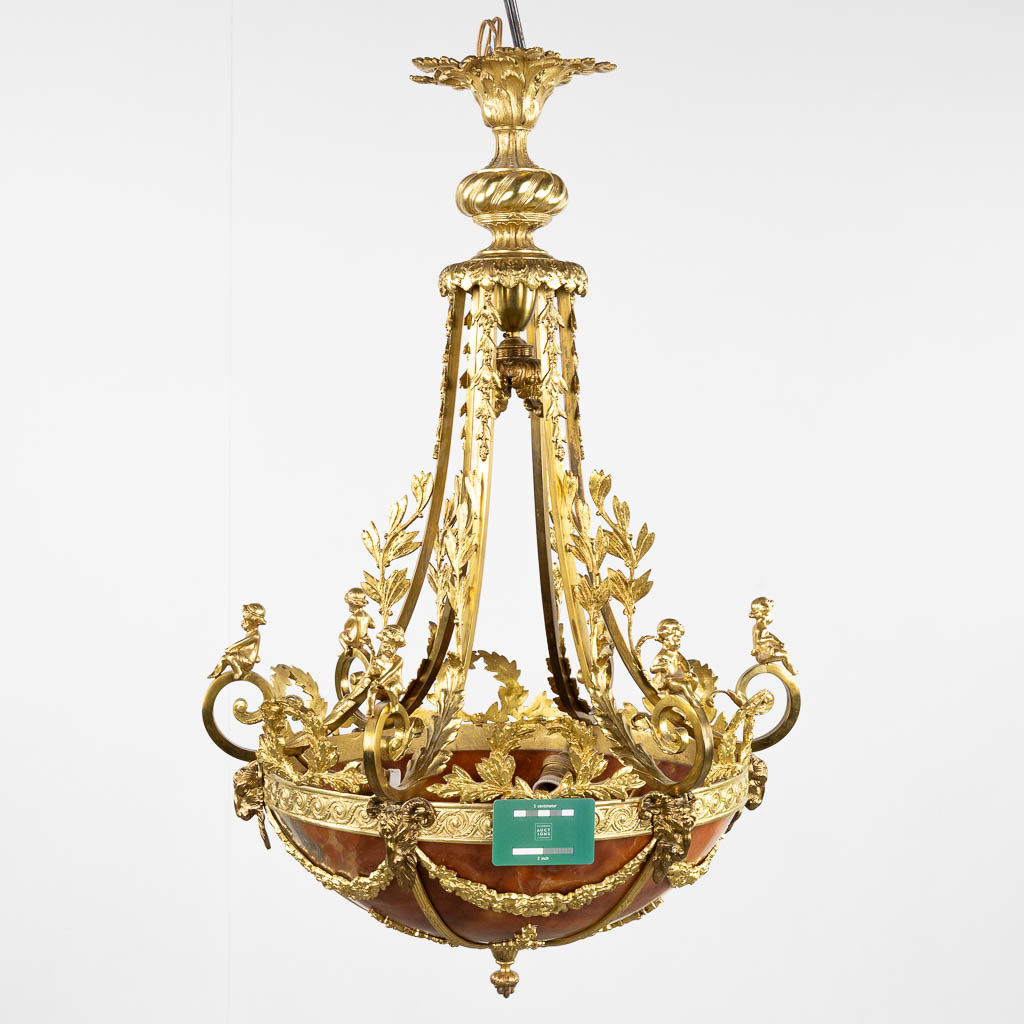 A chandelier, bronze with alabaster, decorated with putti and ram's heads, Louis XVI style. Circa 19 - Bild 2 aus 13