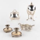 Five table accessories, silver-plated metal, Egg Coddler, Candelabra, Jardinière. (H:22,5 x D:11 cm)