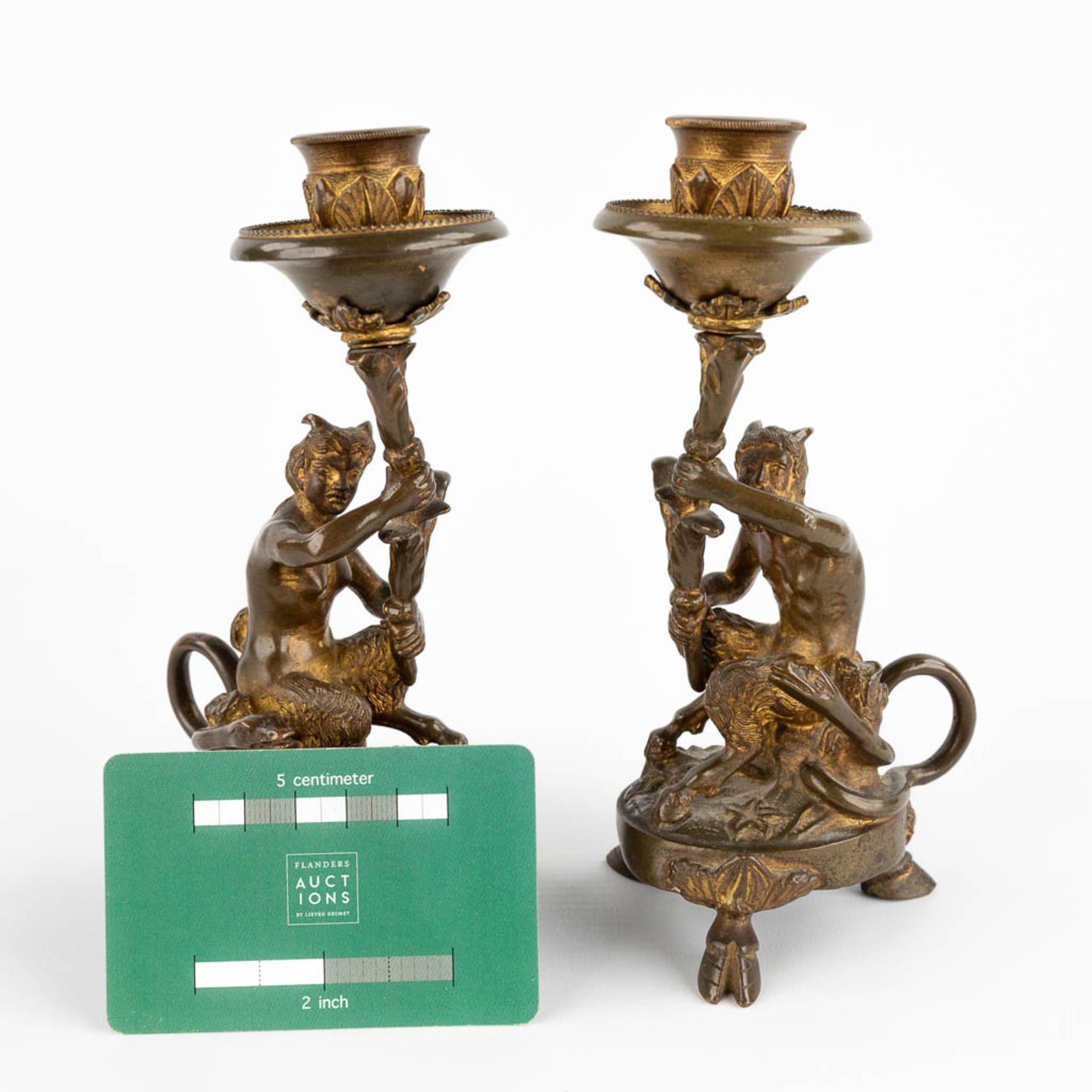 A pair of candlesticks with Satyr figurines, gilt bronze. 19th C. (D:7 x W:10 x H:17,5 cm) - Bild 2 aus 13