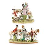 Scheibe-Alsbach, two polychrome porcelain groups with Romantic Scène on a horse. 20th C. (D:20 x W:5