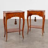 A pair of two-tier side tables with a drawer, wood with marquetry inlay. 20th C. (D:30 x W:45 x H:63