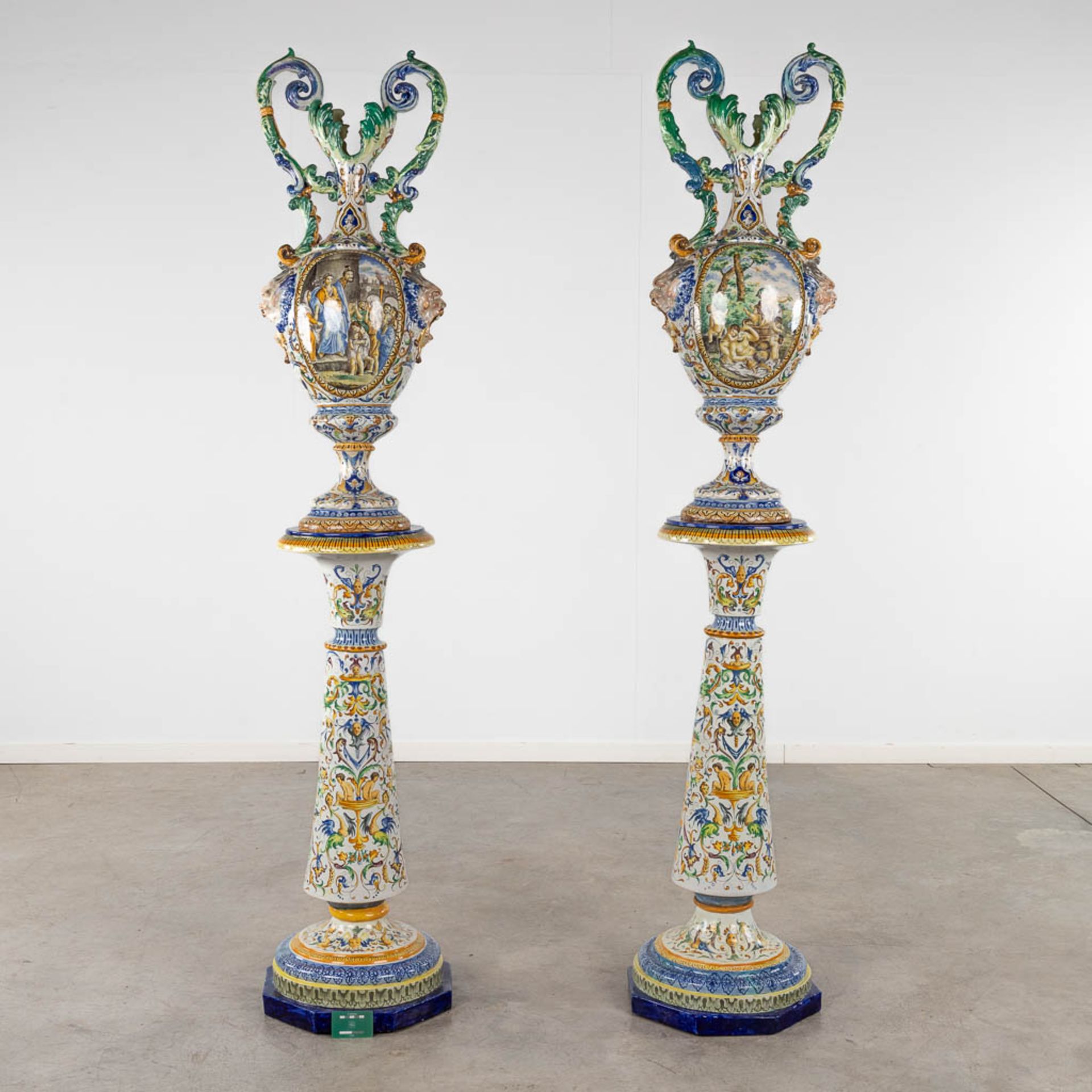 A pair of large vases, Italian Renaissance style, glazed faience. 20th C. (D:45 x W:45 x H:205 cm) - Image 24 of 31