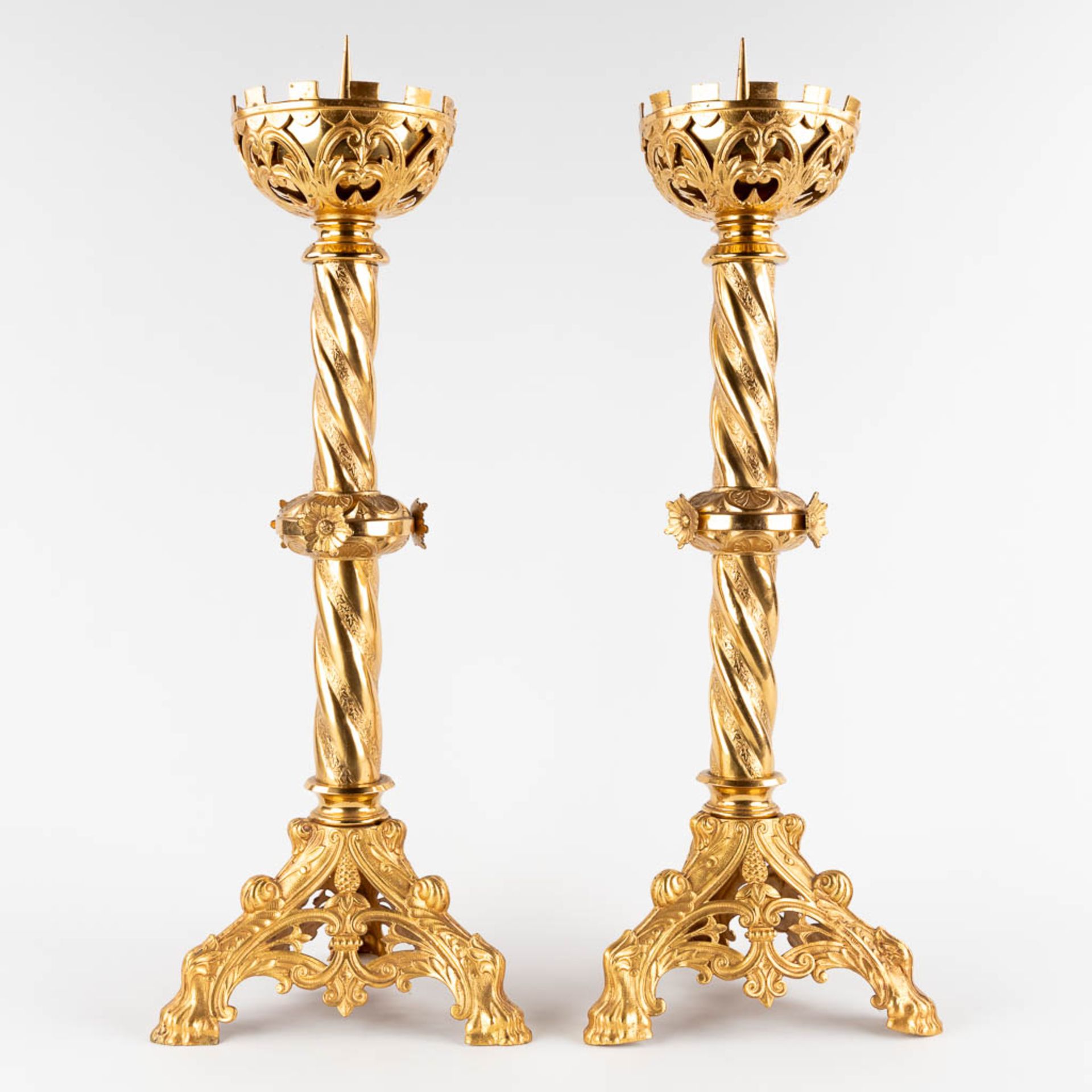 A pair of church candlesticks, gilt metal. (H:70 x D:24 cm) - Image 5 of 15