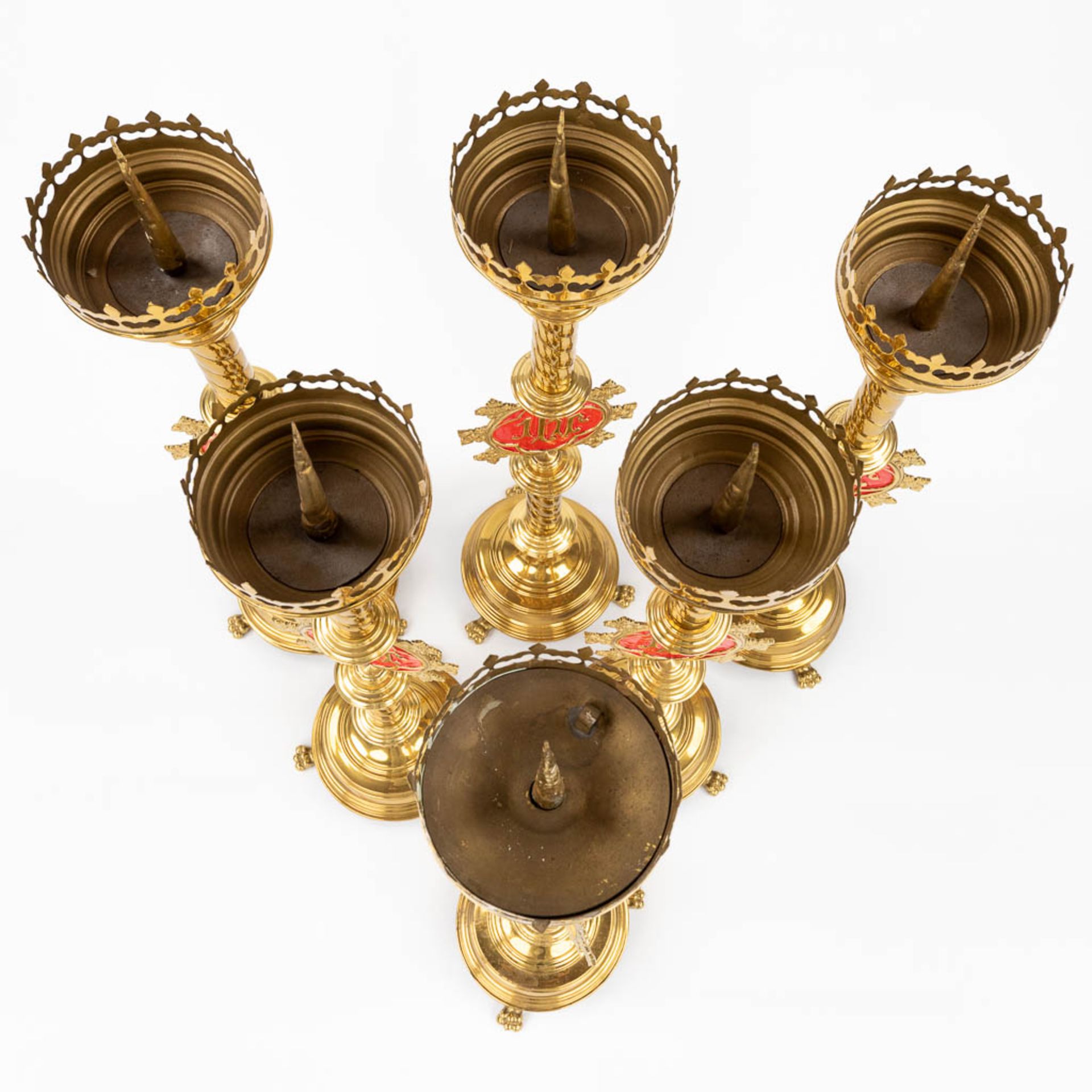A set of 6 Church candlesticks with red IHS logo. (H:80 x D:20 cm) - Image 7 of 11
