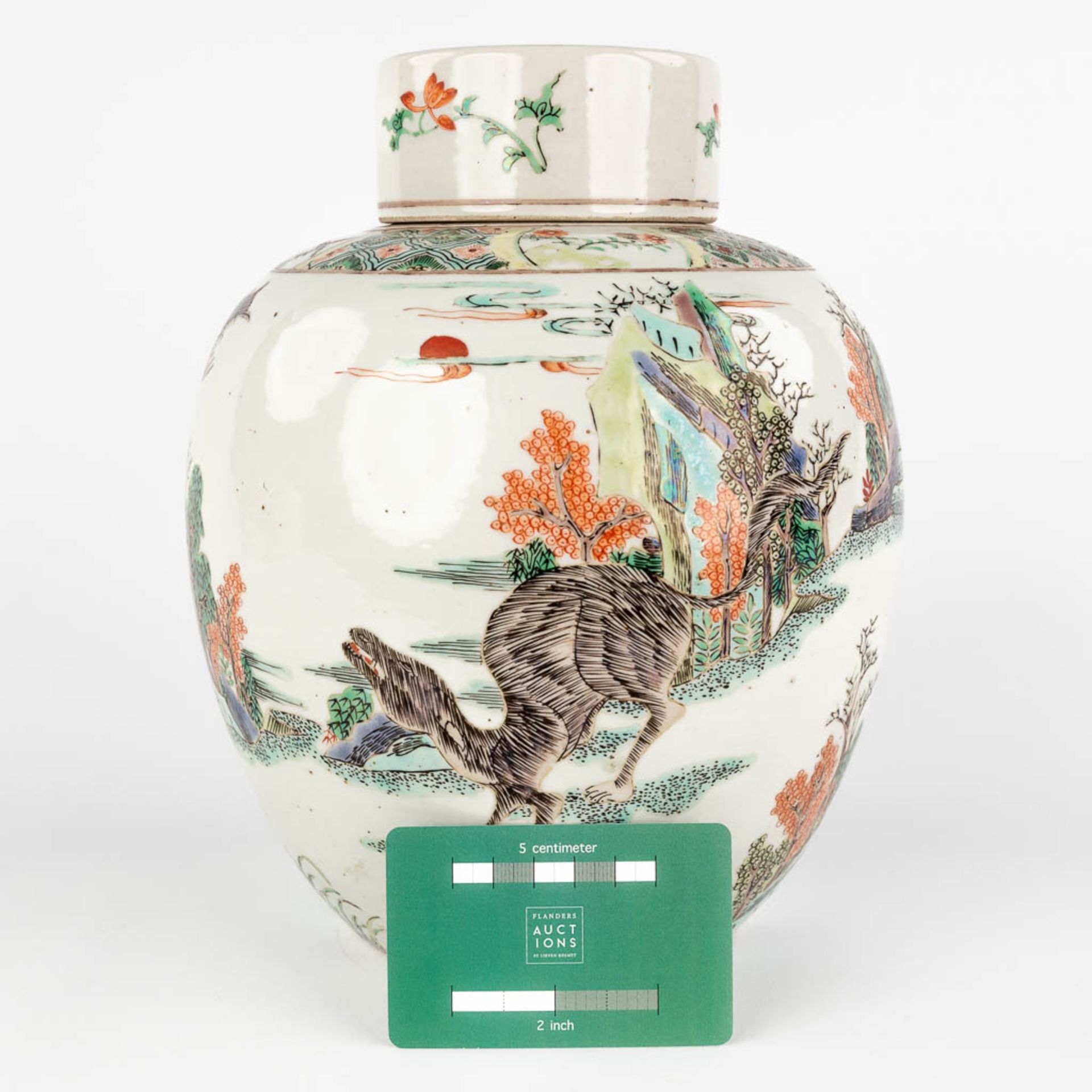A Chinese Famille Verte Wucai vase, decorated with a deer in a landscape. (H:24,5 x D:19,5 cm) - Image 2 of 14