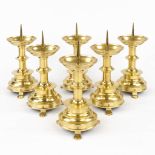 A set of 6 Church candlesticks, bronze in gothic revival style. Circa 1900. (H:35 x D:18 cm)