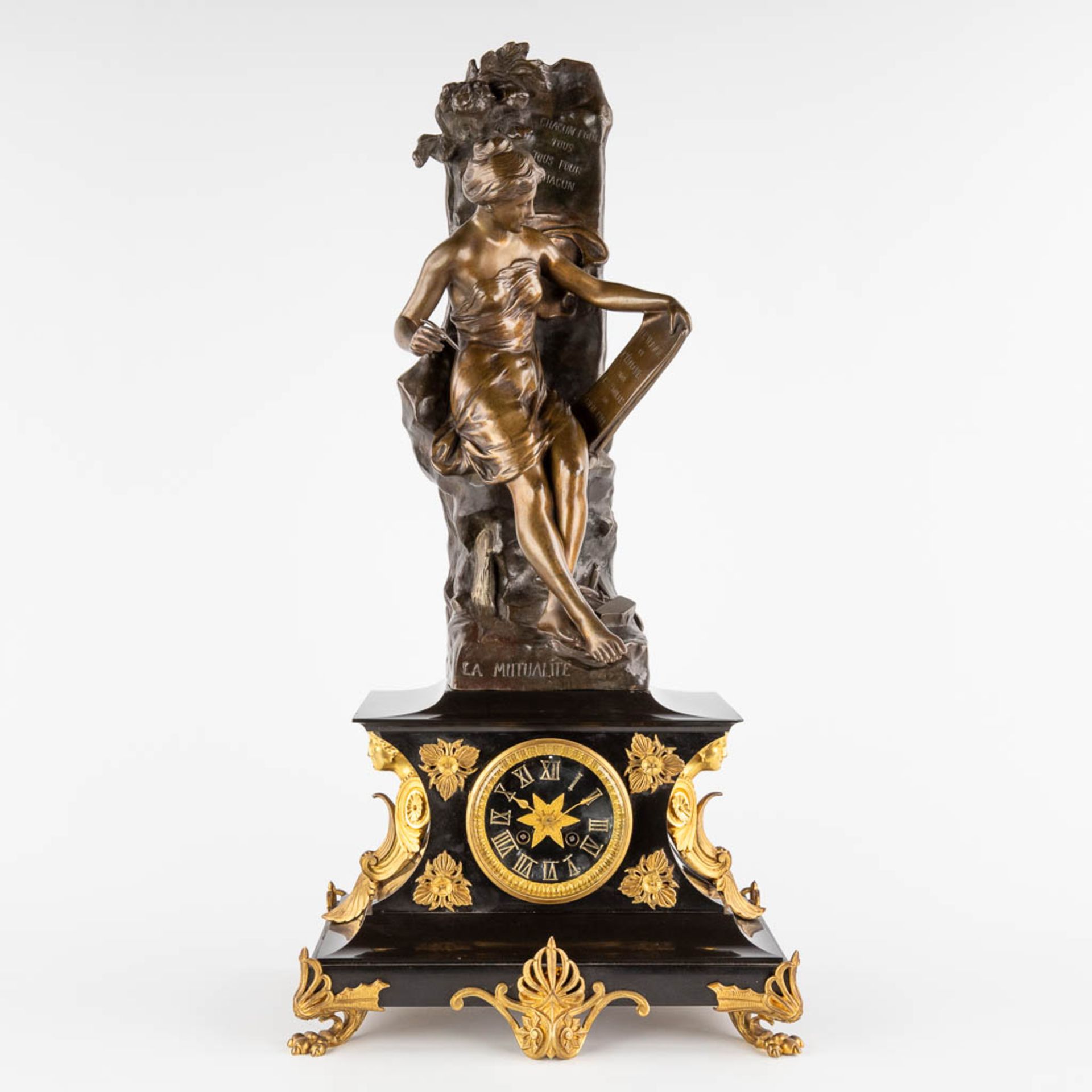 Emile PICAULT (1833-1915) 'La Mutualité', a mantle clock with patinated bronze figurine. 19th C. (D: