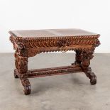 An antique table, sculptured oak with lion's heads. 19th C. (D:70 x W:105 x H:65 cm)