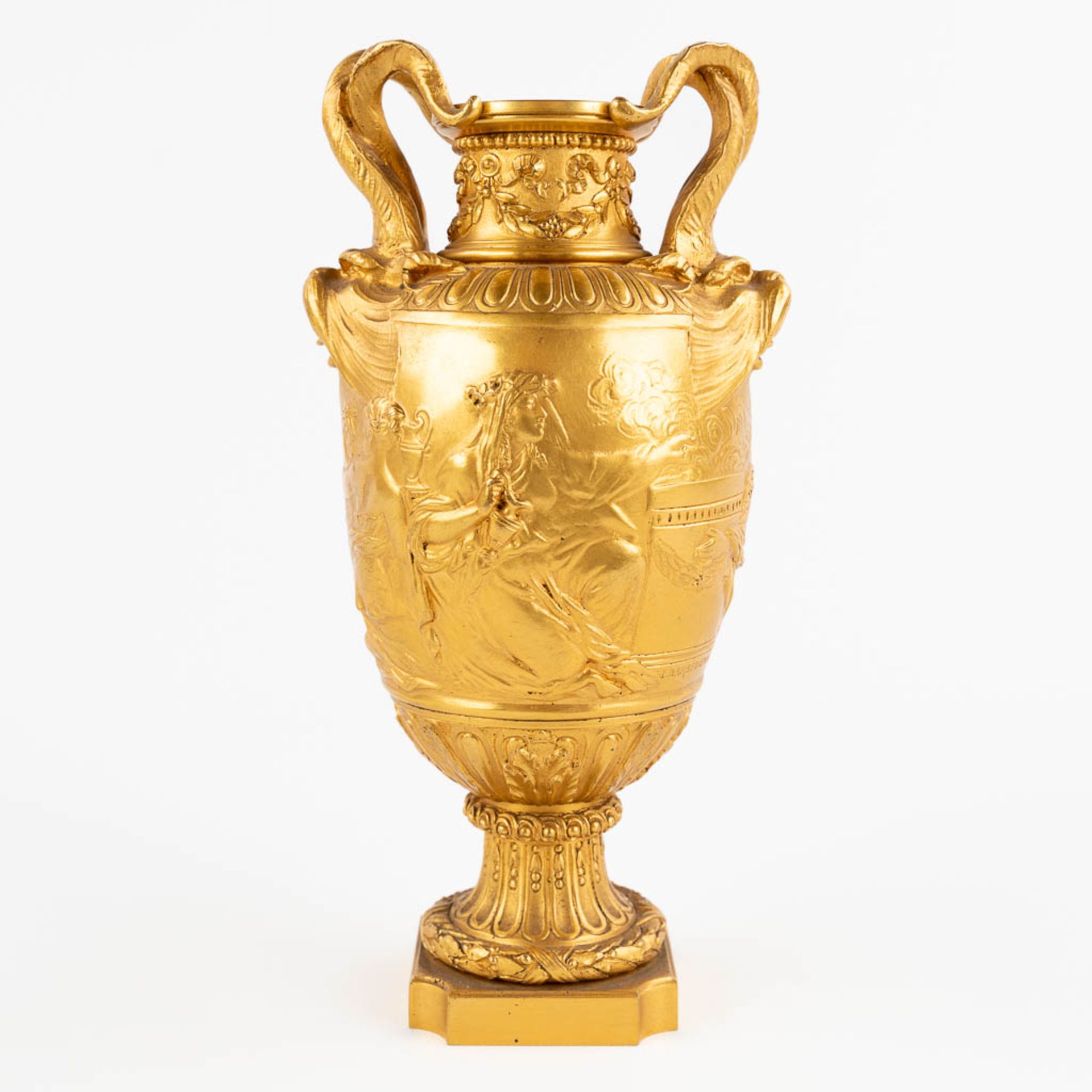 Ferdinand BARBEDIENNE (1810-1892) 'Gilt Bronze Vase with mythological figurines.' 19th C. (D:8 x W:9