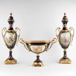 Two vases and a bowl, cobalt blue mounted with gilt bronze. Marked Sèvres and Limoges. (D:30 x W:21