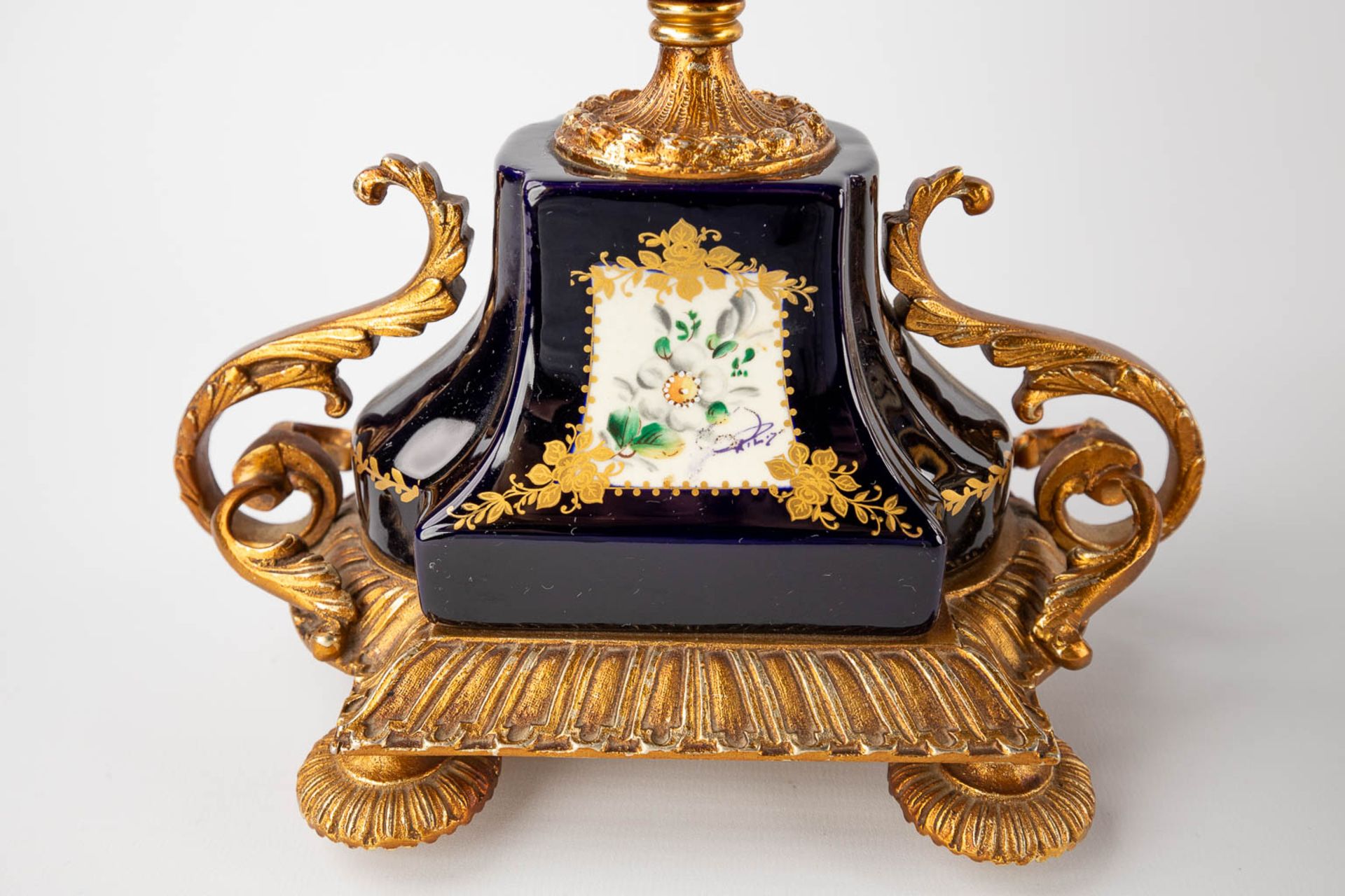 A.C.F. A three-piece mantle garniture clock and side pieces, cobalt blue porcelain mounted with bron - Image 9 of 14